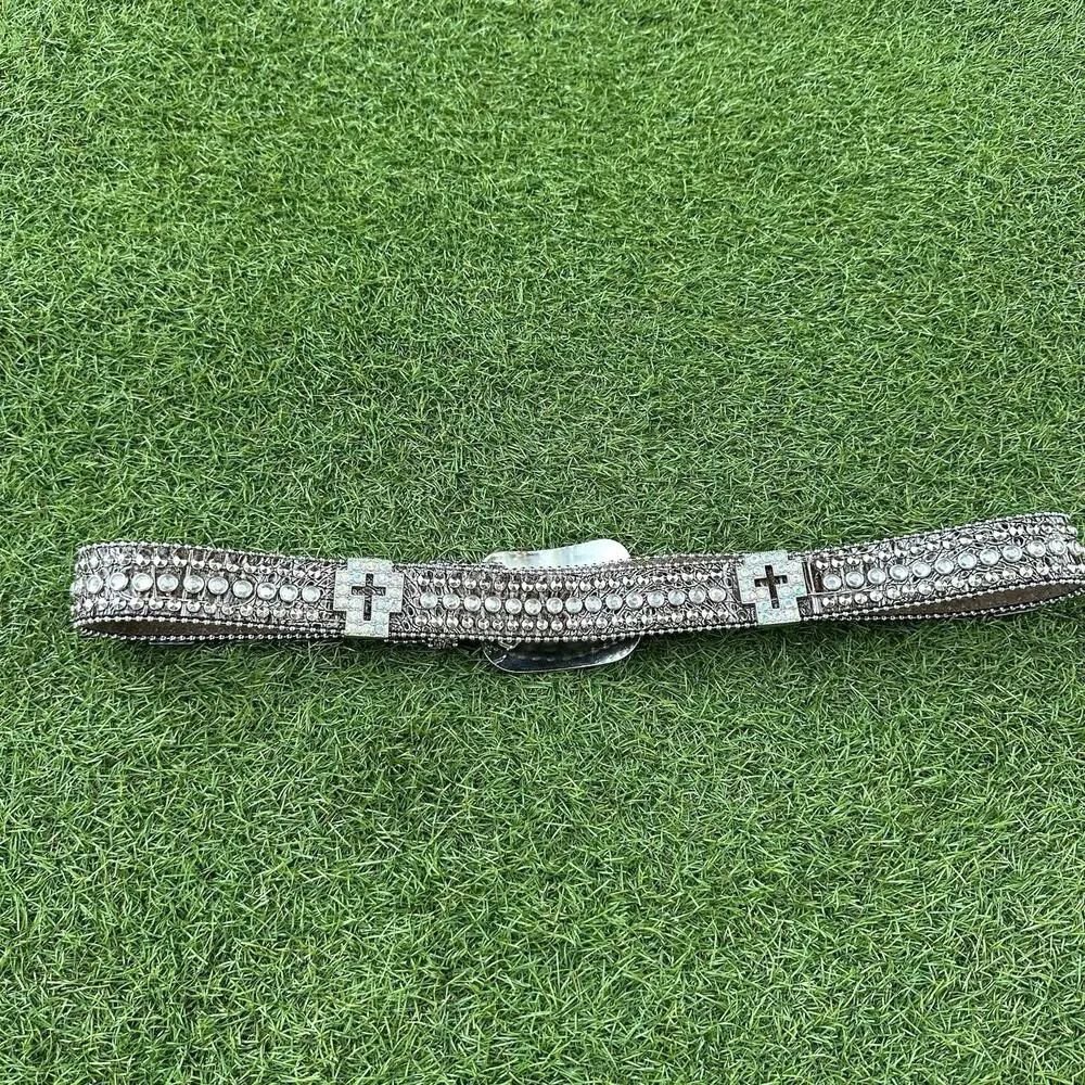Pewter Rhinestone Cross‎ Crystal Croco Leather Snap On Buckle Belt Medium